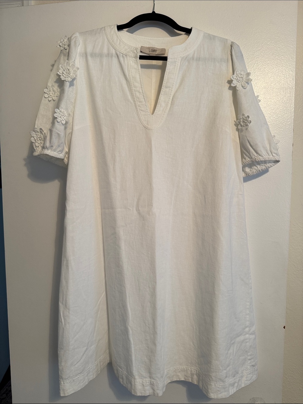 LOFT White Cotton Midi Dress with Floral Appliqué Sleeves